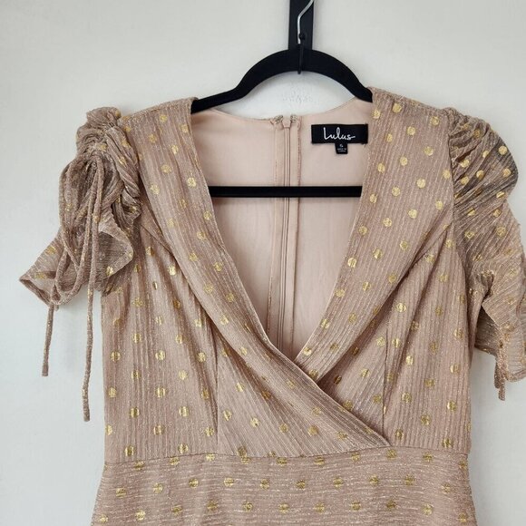 Lulus Top Model Pink and Gold Polka Dot Ruffled Dress New Years Eve Women's S - Picture 4 of 9